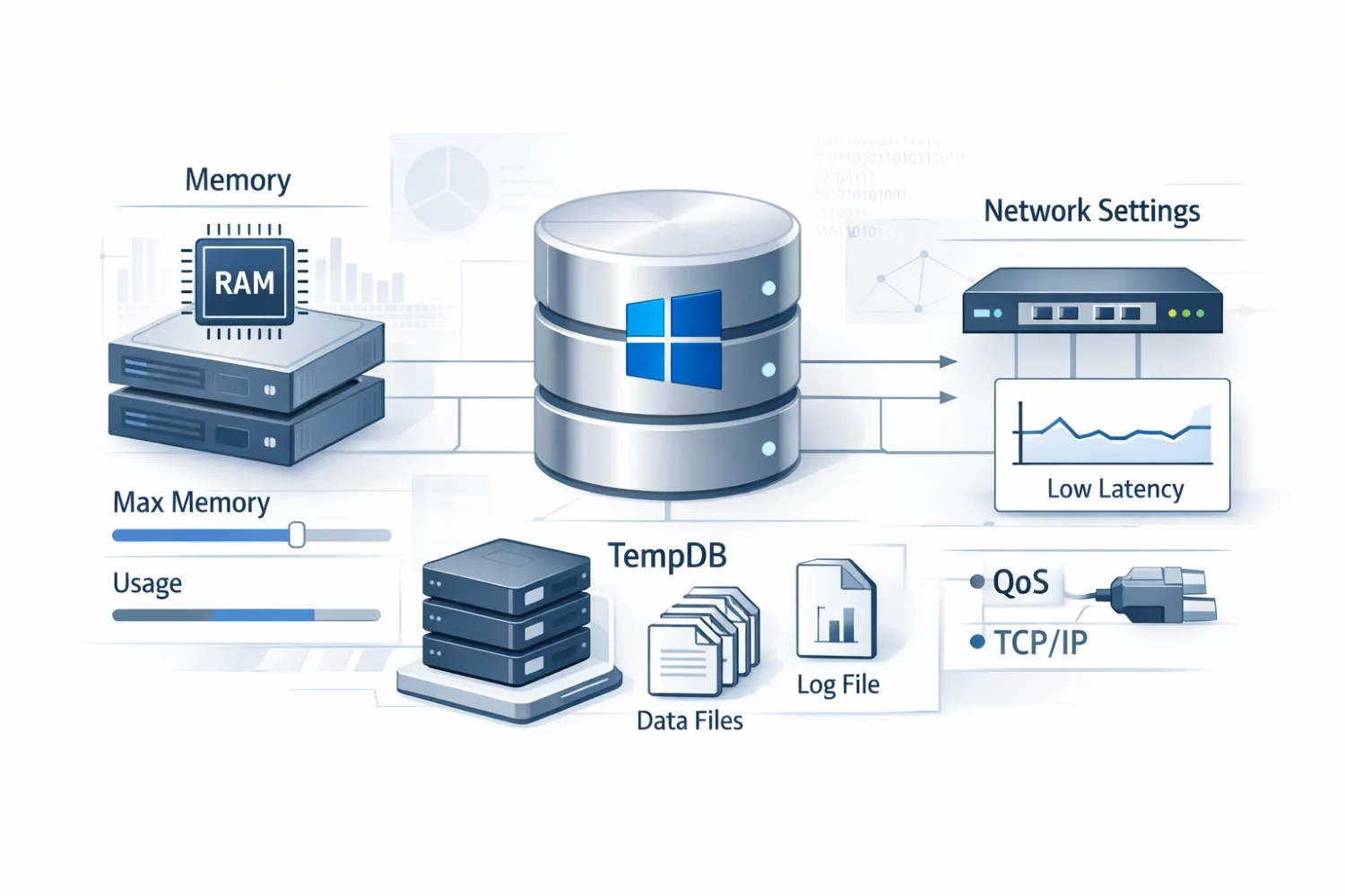SQL Server на Windows VPS: расчет памяти, перенос tempdb и настройка сети для стабильной задержки