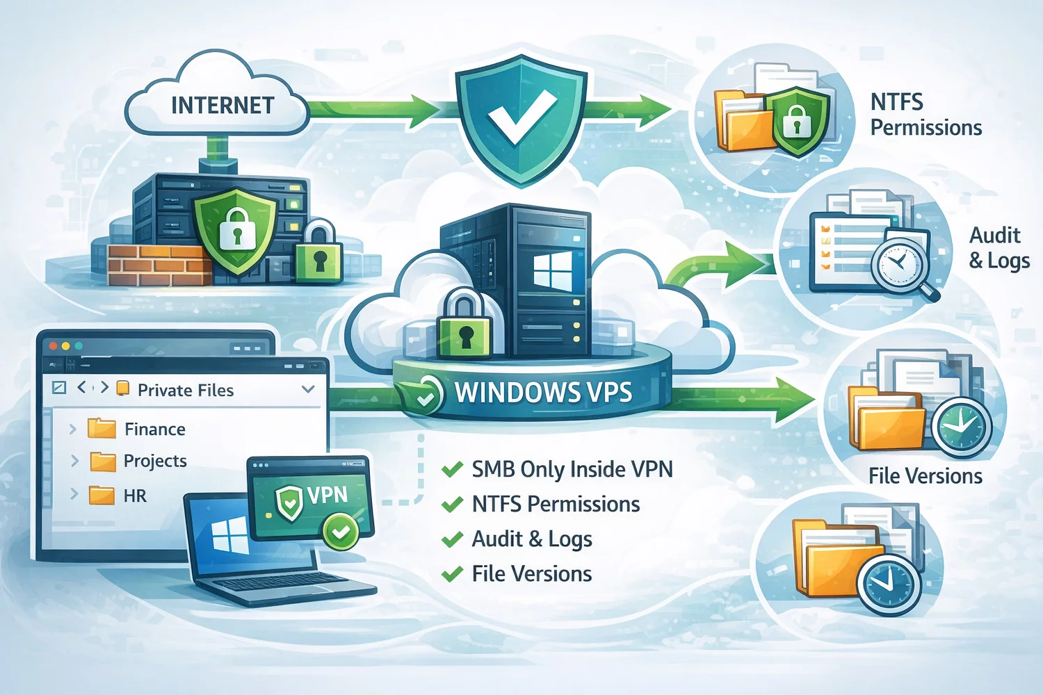 Windows VPS как защищённый файловый хаб – SMB через VPN, NTFS-права, аудит и версии файлов